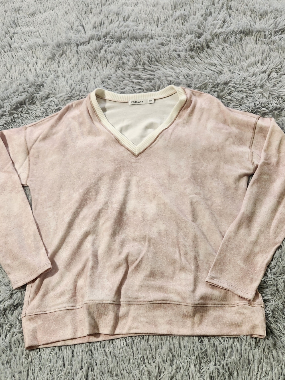 Red Haute Washed Light Pink V-Neck Long Sleeve Oversized Sweatshirt